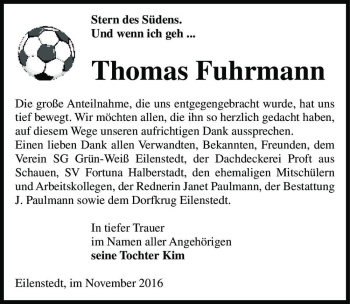 Traueranzeige von Thomas Fuhrmann  von Magdeburger Volksstimme