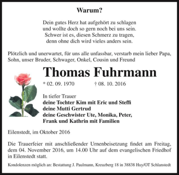 Traueranzeige von Thomas Fuhrmann  von Magdeburger Volksstimme