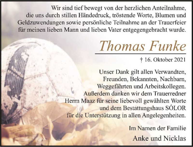  Traueranzeige für Thomas Funke  vom 20.11.2021 aus Magdeburger Volksstimme