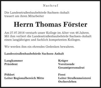 Traueranzeige von Thomas Förster  von Magdeburger Volksstimme