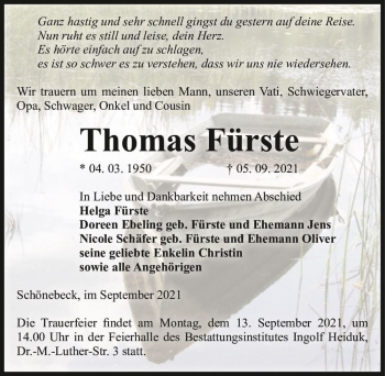 Traueranzeige von Thomas Fürste  von Magdeburger Volksstimme