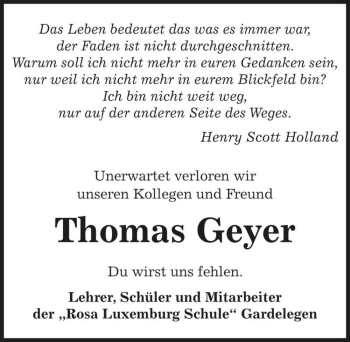 Traueranzeige von Thomas Geyer  von Magdeburger Volksstimme