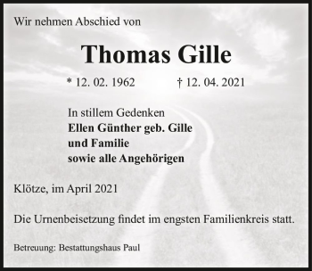 Traueranzeige von Thomas Gille  von Magdeburger Volksstimme