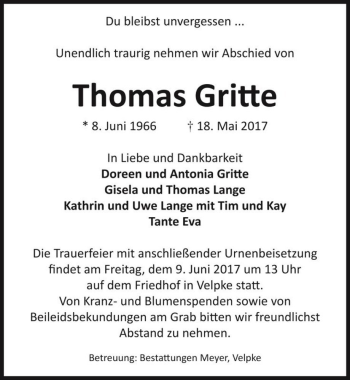 Traueranzeige von Thomas Gritte  von Magdeburger Volksstimme