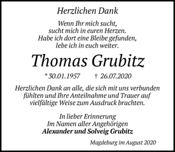 Traueranzeige von Thomas Grubitz  von Magdeburger Volksstimme