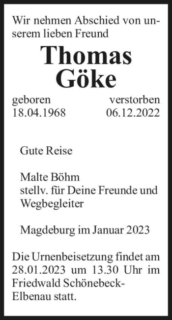 Traueranzeige von Thomas Göke  von Magdeburger Volksstimme