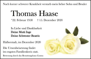 Traueranzeige von Thomas Haase  von Magdeburger Volksstimme
