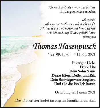 Traueranzeige von Thomas Hasenpusch  von Magdeburger Volksstimme