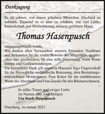Traueranzeige von Thomas Hasenpusch  von Magdeburger Volksstimme