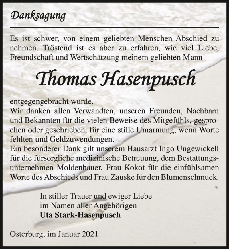  Traueranzeige für Thomas Hasenpusch  vom 06.02.2021 aus Magdeburger Volksstimme