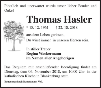 Traueranzeige von Thomas Hasler  von Magdeburger Volksstimme