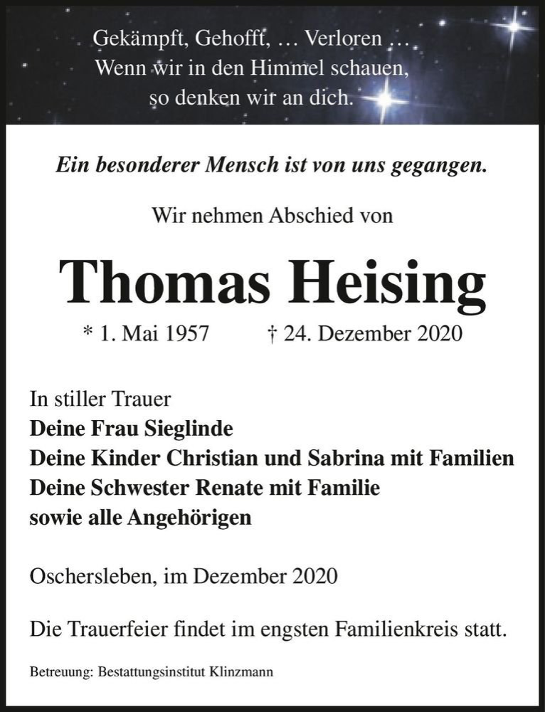  Traueranzeige für Thomas Heising  vom 02.01.2021 aus Magdeburger Volksstimme