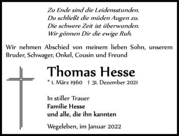 Traueranzeige von Thomas Hesse  von Magdeburger Volksstimme