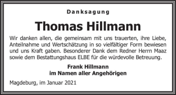 Traueranzeige von Thomas Hillmann  von Magdeburger Volksstimme