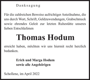 Traueranzeige von Thomas Hodum  von Magdeburger Volksstimme