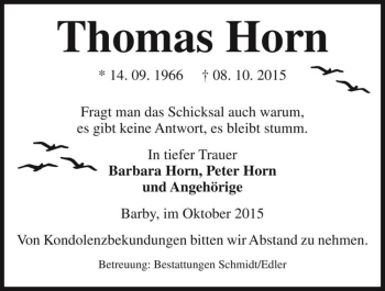 Traueranzeige von Thomas Horn  von Magdeburger Volksstimme