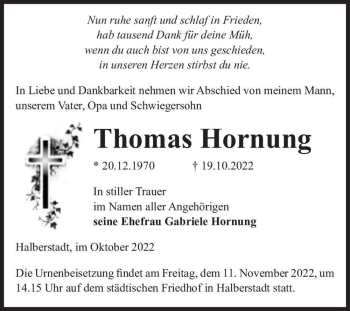 Traueranzeige von Thomas Hornung  von Magdeburger Volksstimme