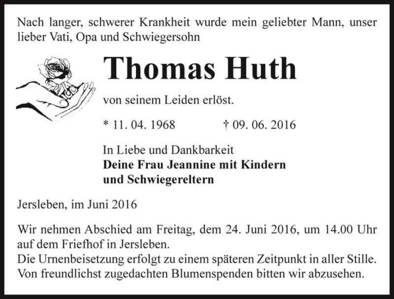  Traueranzeige für Thomas Huth  vom 11.06.2016 aus Magdeburger Volksstimme