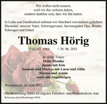 Traueranzeige von Thomas Hörig  von Magdeburger Volksstimme