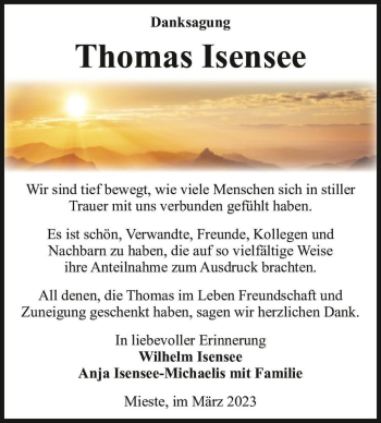 Traueranzeige von Thomas Isensee  von Magdeburger Volksstimme