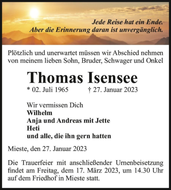 Traueranzeige von Thomas Isensee  von Magdeburger Volksstimme