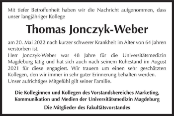 Traueranzeige von Thomas Jonczyk - Weber  von Magdeburger Volksstimme