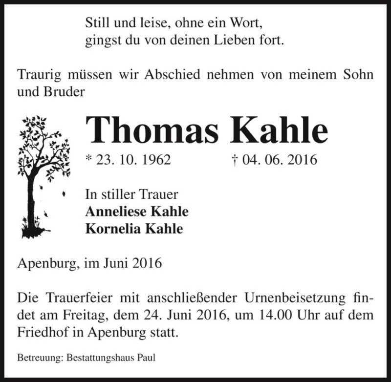 Traueranzeige für Thomas Kahle  vom 07.06.2016 aus Magdeburger Volksstimme