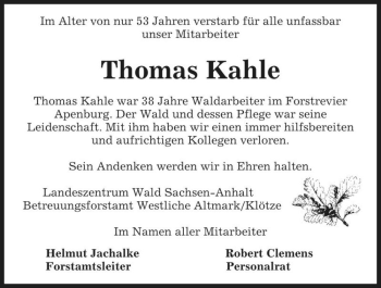 Traueranzeige von Thomas Kahle  von Magdeburger Volksstimme