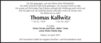 Traueranzeige von Thomas Kallwitz  von Magdeburger Volksstimme