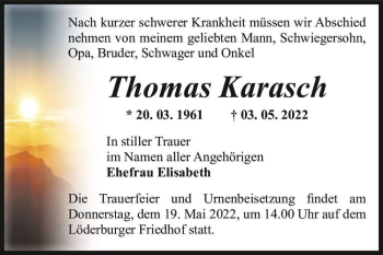 Traueranzeige von Thomas Karasch  von Magdeburger Volksstimme