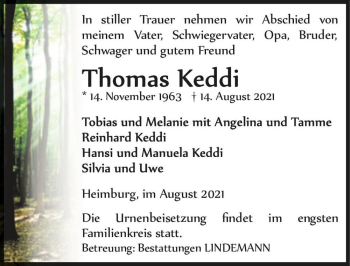 Traueranzeige von Thomas Keddi  von Magdeburger Volksstimme