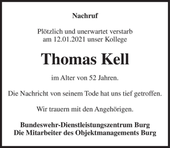 Traueranzeige von Thomas Kell  von Magdeburger Volksstimme