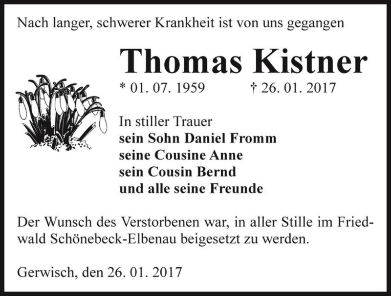  Traueranzeige für Thomas Kistner  vom 18.02.2017 aus Magdeburger Volksstimme