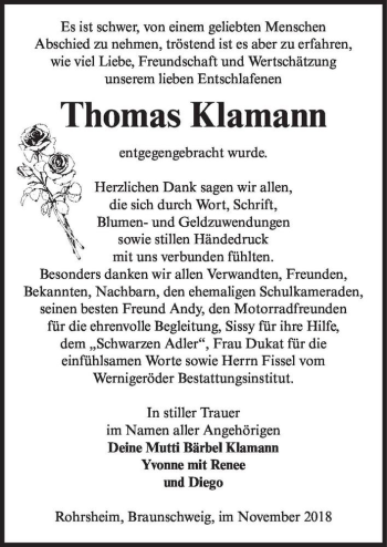 Traueranzeige von Thomas Klamann  von Magdeburger Volksstimme