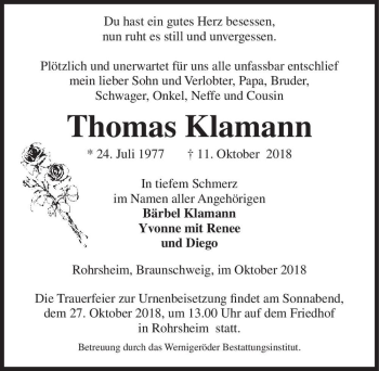 Traueranzeige von Thomas Klamann  von Magdeburger Volksstimme
