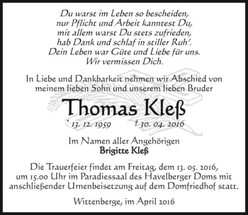 Traueranzeige von Thomas Kleß  von Magdeburger Volksstimme