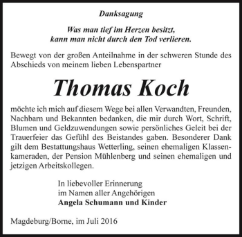 Traueranzeige von Thomas Koch  von Magdeburger Volksstimme