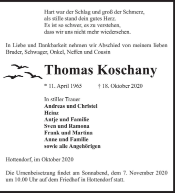 Traueranzeige von Thomas Koschany  von Magdeburger Volksstimme