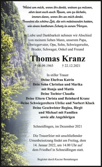 Traueranzeige von Thomas Kranz  von Magdeburger Volksstimme