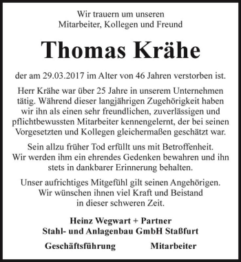 Traueranzeige von Thomas Krähe  von Magdeburger Volksstimme