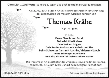 Traueranzeige von Thomas Krähe  von Magdeburger Volksstimme