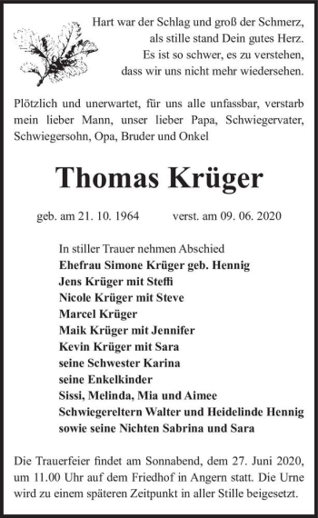 Traueranzeige von Thomas Krüger  von Magdeburger Volksstimme