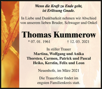 Traueranzeige von Thomas Kummerow  von Magdeburger Volksstimme