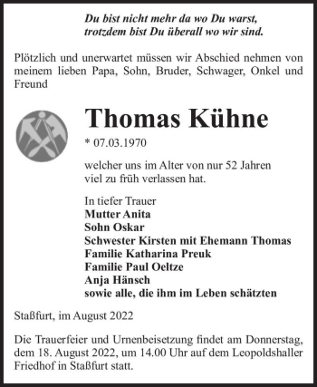 Traueranzeige von Thomas Kühne  von Magdeburger Volksstimme