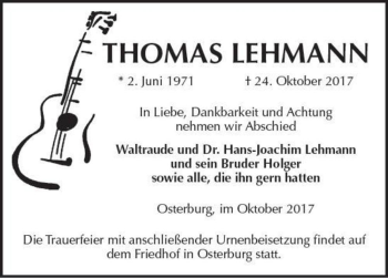 Traueranzeige von Thomas Lehmann  von Magdeburger Volksstimme