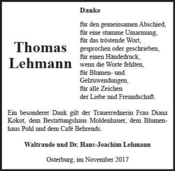 Traueranzeige von Thomas Lehmann  von Magdeburger Volksstimme