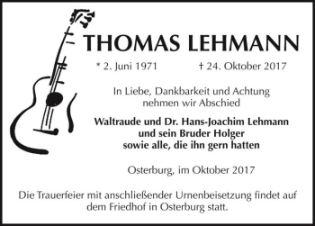 Traueranzeige von Thomas Lehmann  von Magdeburger Volksstimme