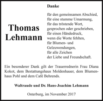 Traueranzeige von Thomas Lehmann  von Magdeburger Volksstimme