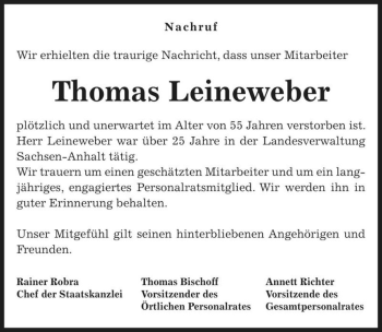 Traueranzeige von Thomas Leineweber  von Magdeburger Volksstimme