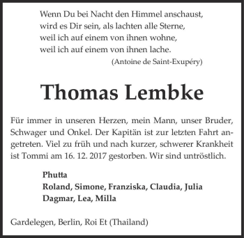 Traueranzeige von Thomas Lembke  von Magdeburger Volksstimme